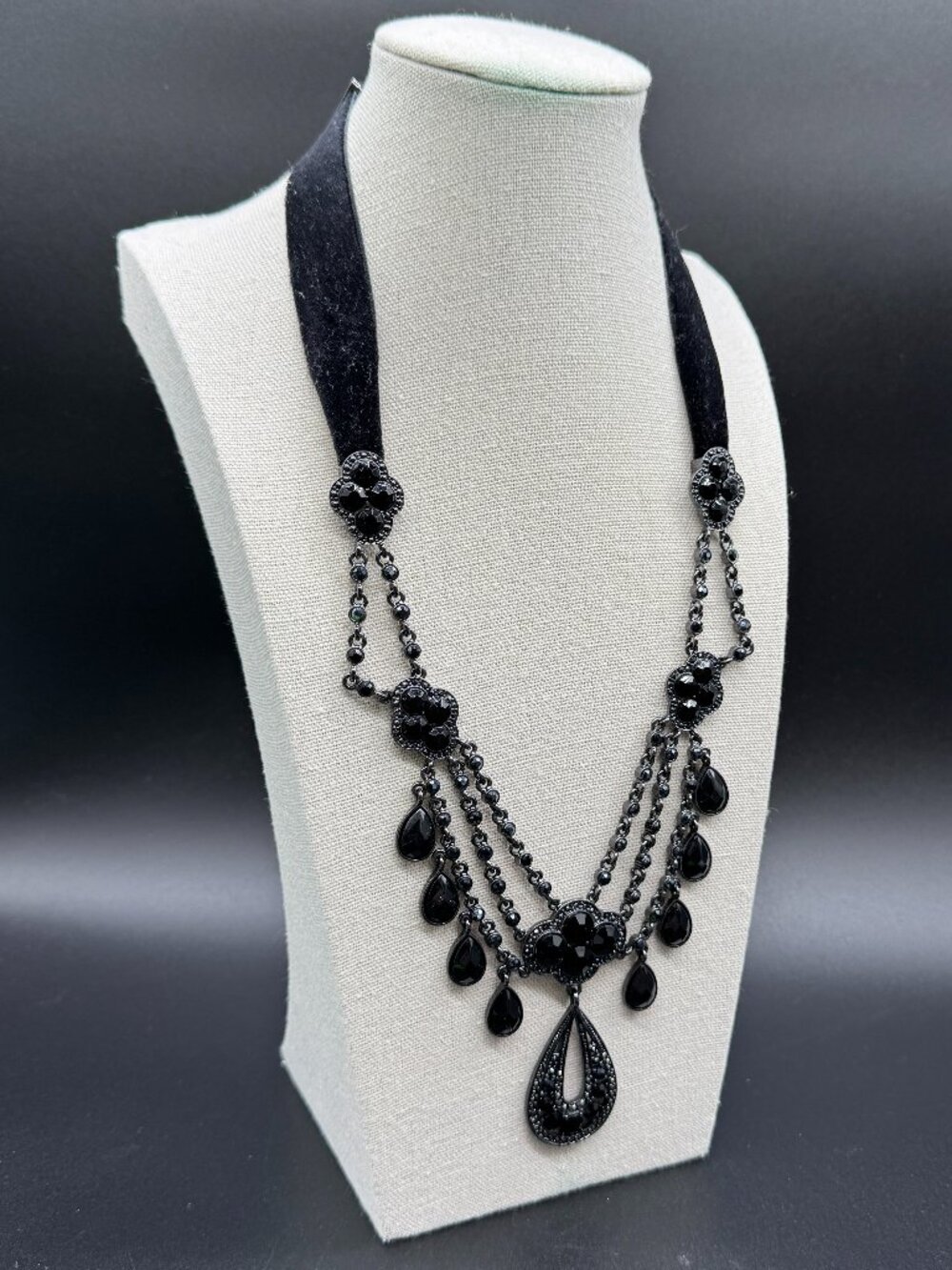 Statement Necklace Black Faceted Stones Gun Metal and Velvet Gothic